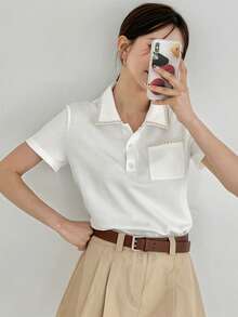 DAZY Viền tương phản Cổ Polo Vá Túi Áo thun - trắng - Xem 8