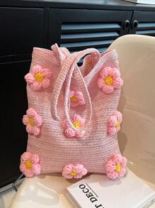 Floral Decor Straw Bag Vacation Double Handle - Pink - View 1