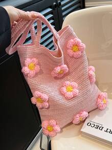 Floral Decor Straw Bag Vacation Double Handle - Pink - View 3
