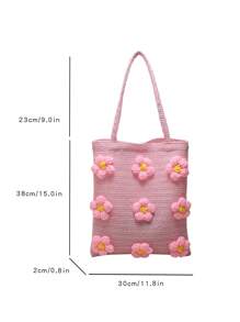 Floral Decor Straw Bag Vacation Double Handle - Pink - View 4