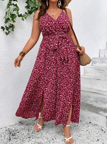 SHEIN VCAY Plus Ditsy Floral Print Split Thigh Belted Cami Dress
