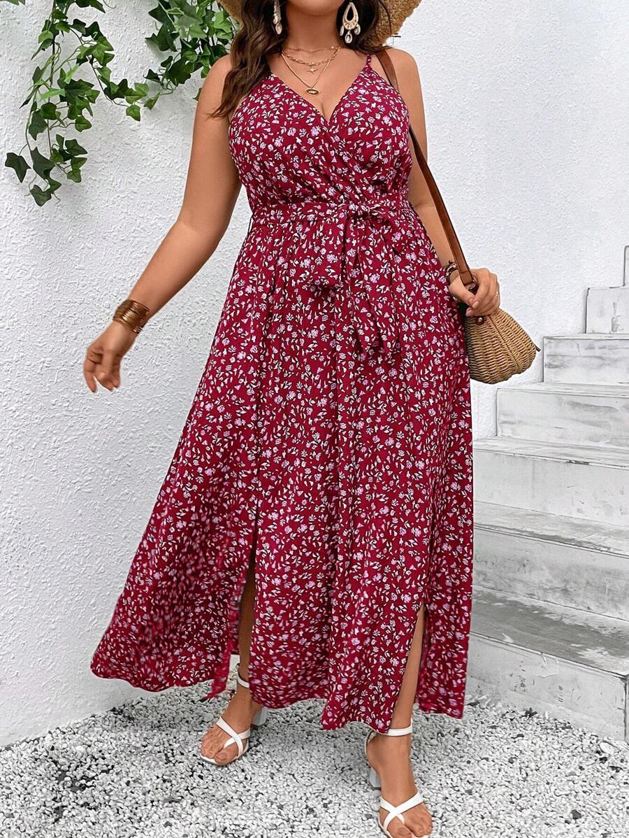 SHEIN VCAY Plus Ditsy Floral Print Split Thigh Belted Cami Dress