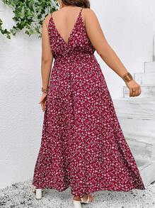 SHEIN VCAY Plus Ditsy Floral Print Split Thigh Belted Cami Dress