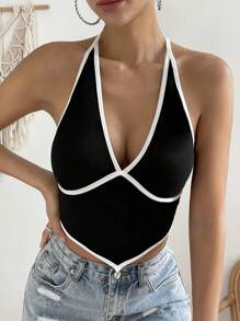 SHEIN Privé 撞色滾邊露背掛脖上衣 - 黑色 - 查看 4