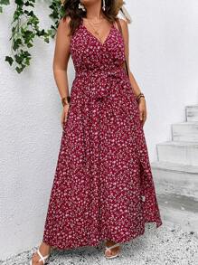 SHEIN VCAY Plus Ditsy Floral Print Split Thigh Belted Cami Dress