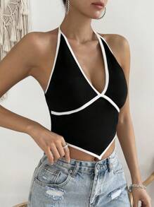 SHEIN Privé 撞色滾邊露背掛脖上衣 - 黑色 - 查看 5