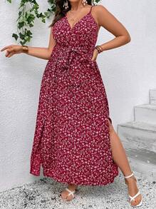 SHEIN VCAY Plus Ditsy Floral Print Split Thigh Belted Cami Dress
