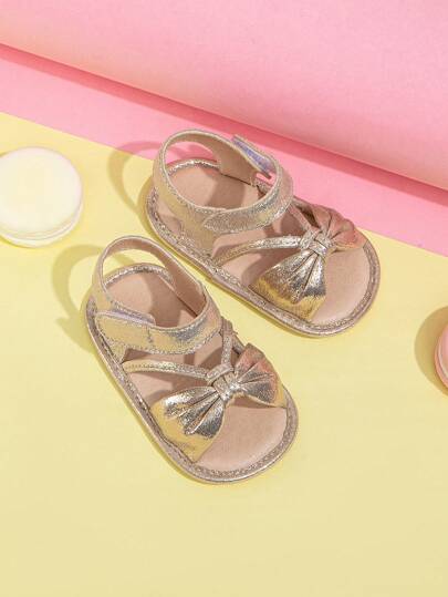 Infant Girls Knot Decor Hook-And-Loop Fastener Ankle Strap Sandals For Summer