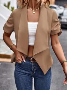 SHEIN Privé Waterfall Collar Ruched Sleeve Open Front Blazer - Khaki - View 5