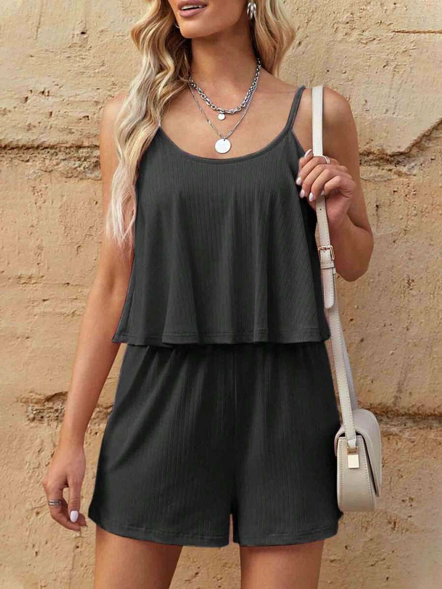 Solid Cami Romper - Black - View 1