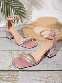 女性水鑽裝飾踝帶粗跟時尚涼鞋 - 粉色 - 查看 5