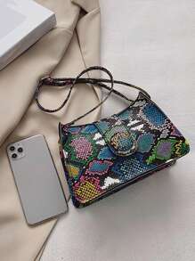 蛇紋法棍包紐扣裝飾可調整肩帶 - 彩色 - 查看 4