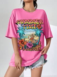 SHEIN EZwear Áo phông Quá khổ Nhiệt đới & Đồ họa Chữ cái Thả vai - Hồng - Xem 6