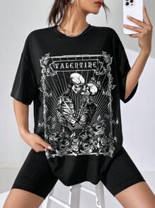 SHEIN EZwear Casual Skull Abstract Dark Style Oversized Round Neck Half Sleeve Women T-Shirt Suitable For Summer - Black - View 1