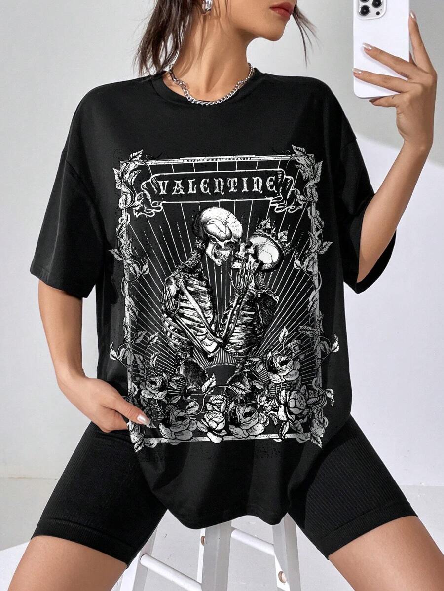 SHEIN EZwear Casual Skull Abstract Dark Style Oversized Round Neck Half Sleeve Women T-Shirt Suitable For Summer - Black - View 1