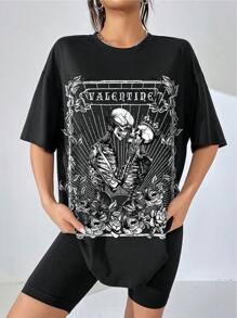 SHEIN EZwear Casual Skull Abstract Dark Style Oversized Round Neck Half Sleeve Women T-Shirt Suitable For Summer - Black - View 6
