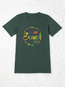 SHEIN LUNE Áo thun Plus size Slogan Giải trí - xanh quân đội - Xem 4