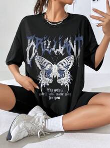 SHEIN EZwear 休闲蝴蝶与口号图案加大圆领短袖 T 恤，适合女士，夏季，男女通用 - 黑色 - 查看 1