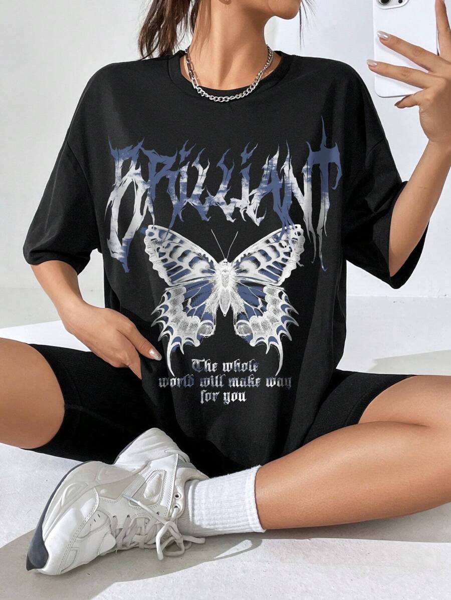 SHEIN EZwear 休闲蝴蝶与口号图案加大圆领短袖 T 恤，适合女士，夏季，男女通用 - 黑色 - 查看 1