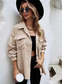 SHEIN LUNE Abrigo de pana con bolsillo con solapa de hombros caídos - Albaricoque - Ver 3