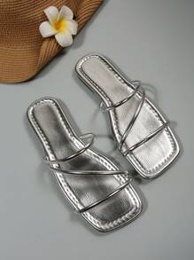 女士时尚方头多带编织平底凉鞋，百搭夏/秋季穿着，适合购物、约会、度假、居家、休闲、通勤、派对