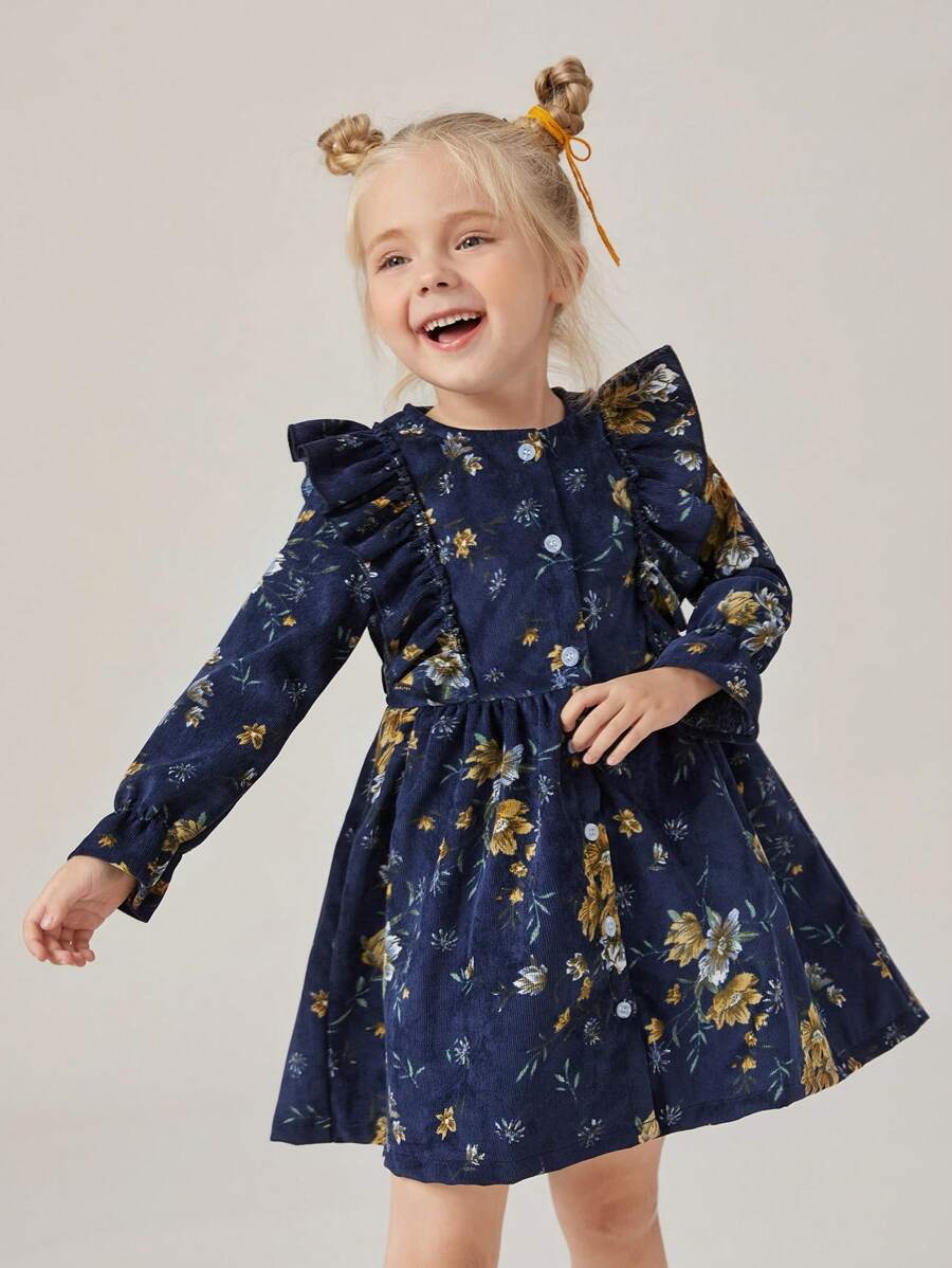 年輕女孩花卉印花波浪袖荷葉邊灯芯絨連衣裙