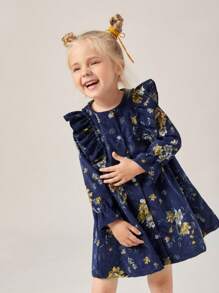 年輕女孩花卉印花波浪袖荷葉邊灯芯絨連衣裙