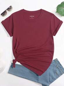 SHEIN LUNE Áo thun nữ màu trơn Giải trí - Màu đỏ tím - Xem 1