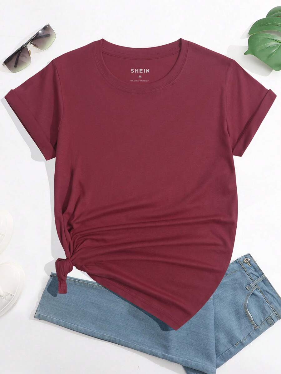 SHEIN LUNE Áo thun nữ màu trơn Giải trí - Màu đỏ tím - Xem 1