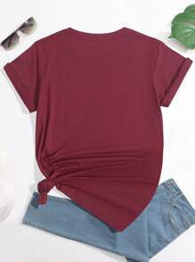 SHEIN LUNE Áo thun nữ màu trơn Giải trí - Màu đỏ tím - Xem 2