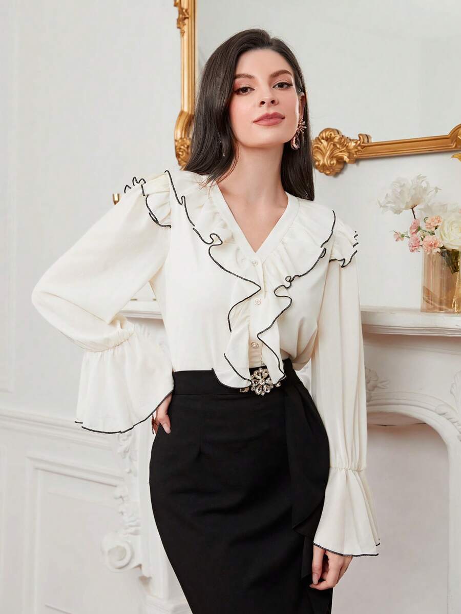 Modelyn 撞色滾邊荷葉邊荷葉袖襯衫 - 杏色 - 查看 1