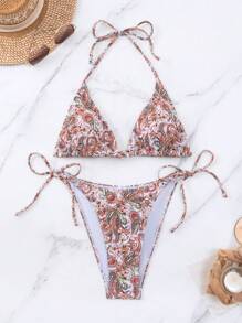 Summer Paisley Print Triangle Tie Side Bikini Set - Multicolor - View 3