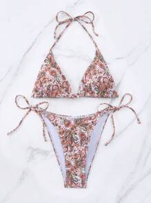 Summer Paisley Print Triangle Tie Side Bikini Set - Multicolor - View 5