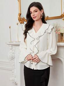 Modelyn 撞色滾邊荷葉邊荷葉袖襯衫 - 杏色 - 查看 4