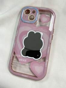 時尚Ins風格愛心熊/兔鏡面手機殼適用於蘋果Iphone 14 Pro Max/13/12/11，具有落地保護矽膠套，化妝鏡功能，適合女性 - 淺粉色 - 查看 1