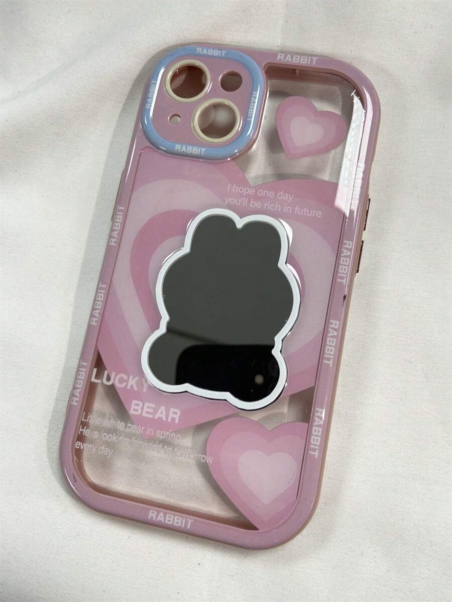 時尚Ins風格愛心熊/兔鏡面手機殼適用於蘋果Iphone 14 Pro Max/13/12/11，具有落地保護矽膠套，化妝鏡功能，適合女性 - 淺粉色 - 查看 1