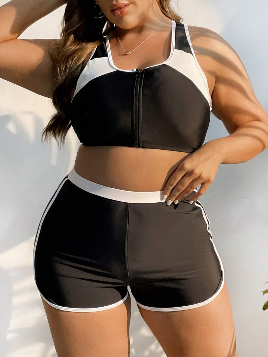 SHEIN 大尺寸拼色拉鍊比基尼套裝，夏季海灘必備 - 黑與白 - 查看 1