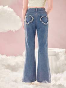 Sweetness Heart Pattern Flare Leg Jeans - Medium Wash - View 1