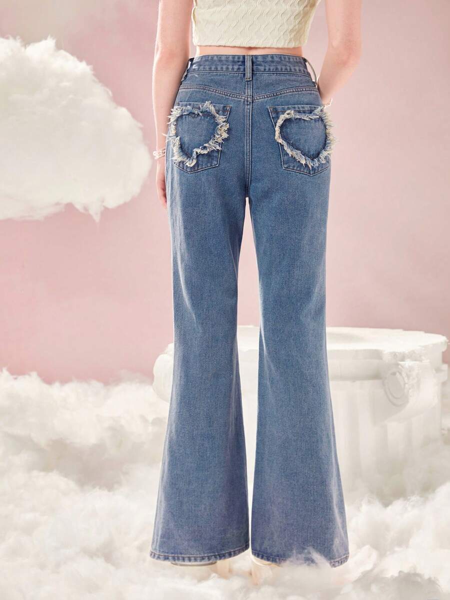 Sweetness Heart Pattern Flare Leg Jeans - Medium Wash - View 1