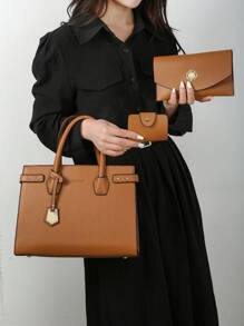 Bộ 3 Túi Có Tay Cầm Trên Túi Vuông Màu Nâu Túi Phong Bì Ví Nhỏ - màu nâu - Xem 1