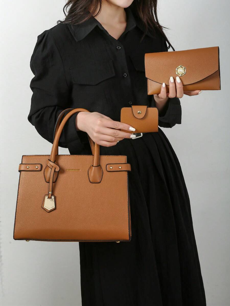 Bộ 3 Túi Có Tay Cầm Trên Túi Vuông Màu Nâu Túi Phong Bì Ví Nhỏ - màu nâu - Xem 1