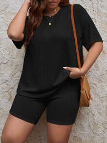 Plus Solid Drop Shoulder Tee & Cycling Shorts - Black - View 1