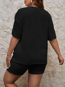Plus Solid Drop Shoulder Tee & Cycling Shorts - Black - View 2