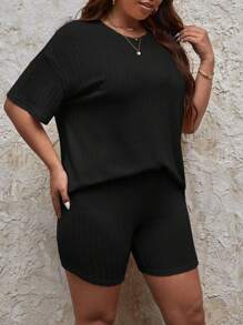 Plus Solid Drop Shoulder Tee & Cycling Shorts - Black - View 4