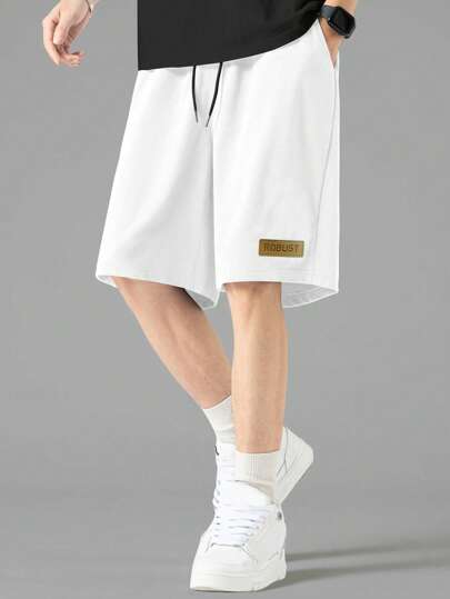 Shorts Pour Homme À Taille Élastique Avec Cordon De Serrage, Patch De Lettre Et Coupe Ample