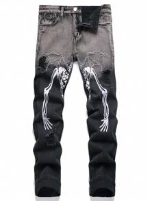 Men Skeleton Hand Embroidery Ripped Jeans, For Halloween - Black - View 1