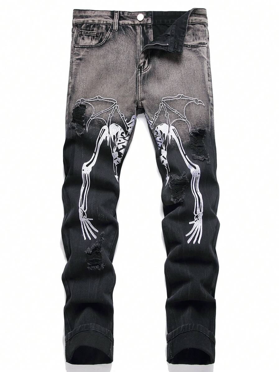Men Skeleton Hand Embroidery Ripped Jeans, For Halloween - Black - View 1