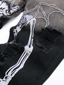 Men Skeleton Hand Embroidery Ripped Jeans, For Halloween - Black - View 6