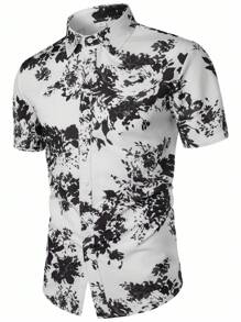 Áo sơ mi Nam Nút phía trước Hoa Giải trí - Đen và trắng - Xem 1