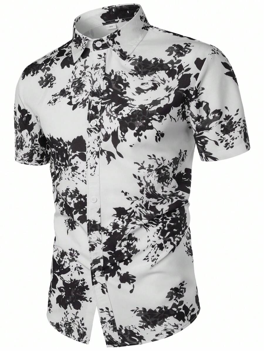 Áo sơ mi Nam Nút phía trước Hoa Giải trí - Đen và trắng - Xem 1